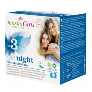 Masmi GIRLS ultratenké vložky z  organickej bavlny NIGHT s krídielkami, 10 ks